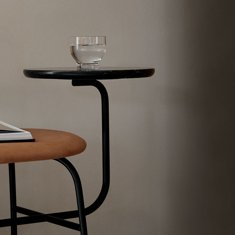 audo copenhagen (menu) | afteroom bench | cognac leather + marquina marble side table