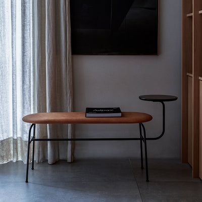 audo copenhagen (menu) | afteroom bench | cognac leather + marquina marble side table