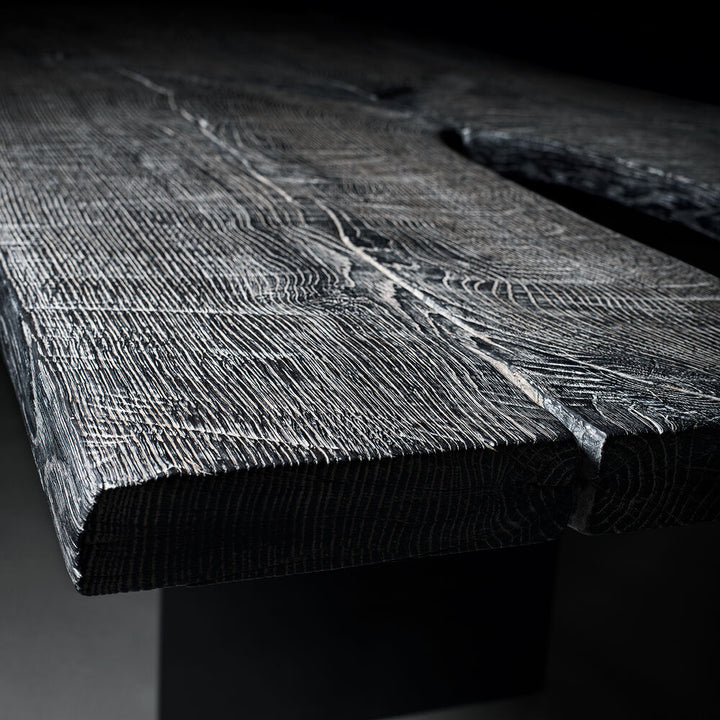 janua | sk 08 butterfly table | charburned oak grey shade + black base 300x100cm