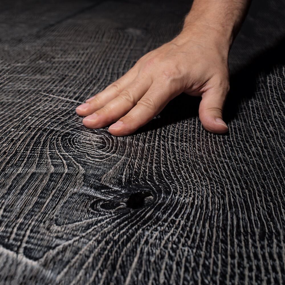 janua | sk 08 butterfly table | charburned oak grey shade + black base 300x100cm