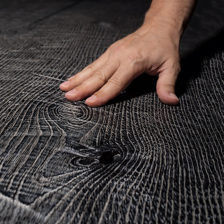 janua | sk 08 butterfly table | charburned oak grey shade + black base 300x100cm