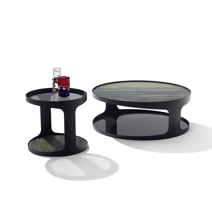 draenert | colin side table | verde bamboo stone + grey glass + black frame