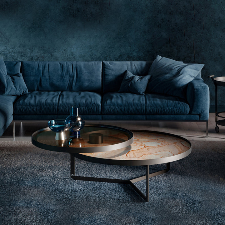 draenert | nebra coffee table with swivel top | azul mary stone + brown glass + dark bronze frame