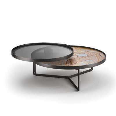 draenert | nebra coffee table with swivel top | azul mary stone + brown glass + dark bronze frame