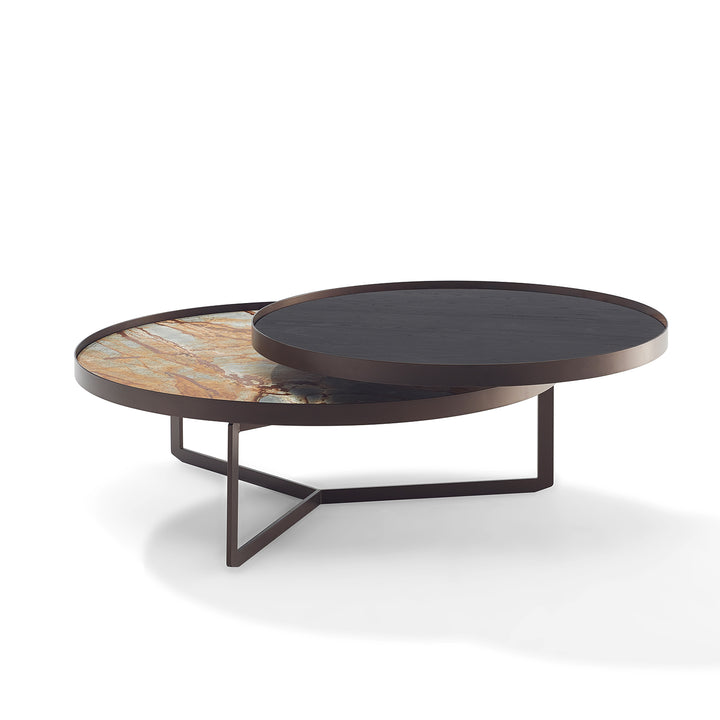 draenert | nebra coffee table with swivel top | azul mary stone + brown glass + dark bronze frame