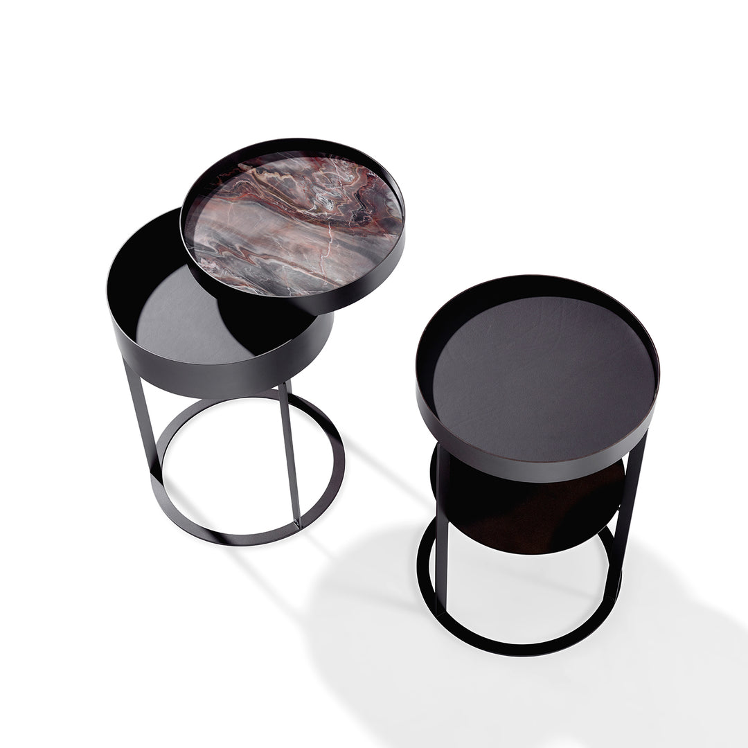 draenert | night side table with swivel top | matrix stone + leather 89001 + black frame