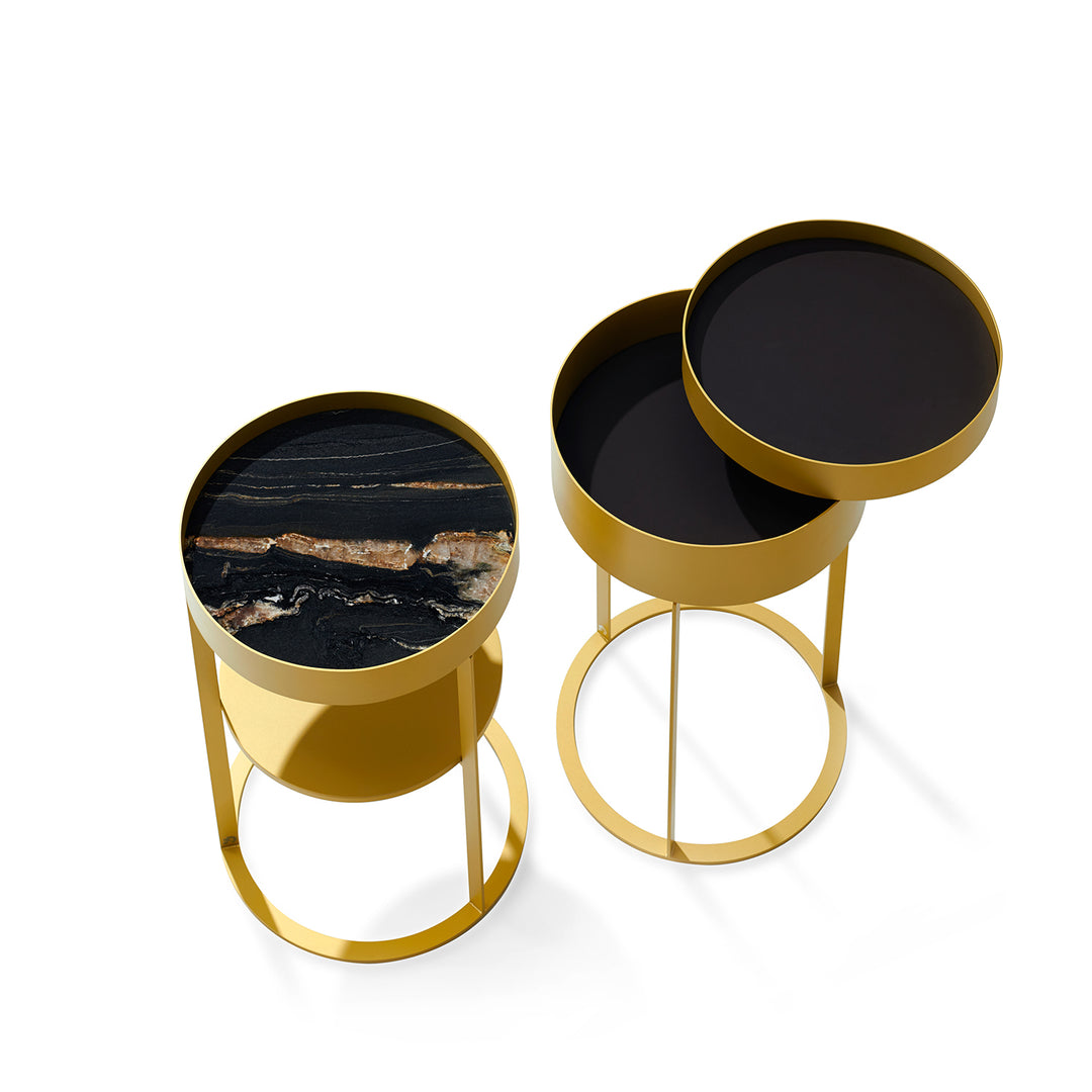 draenert | night side table with swivel top | matrix stone + leather 89001 + black frame