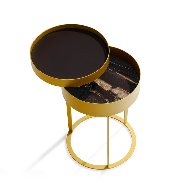 draenert | night side table with swivel top | matrix stone + leather 89001 + black frame