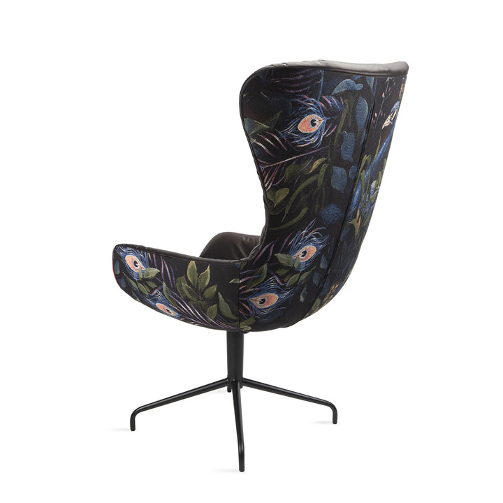 freifrau | leya wingback grand chair | star base | cayenne ebony (black) leather + gobelin oasis