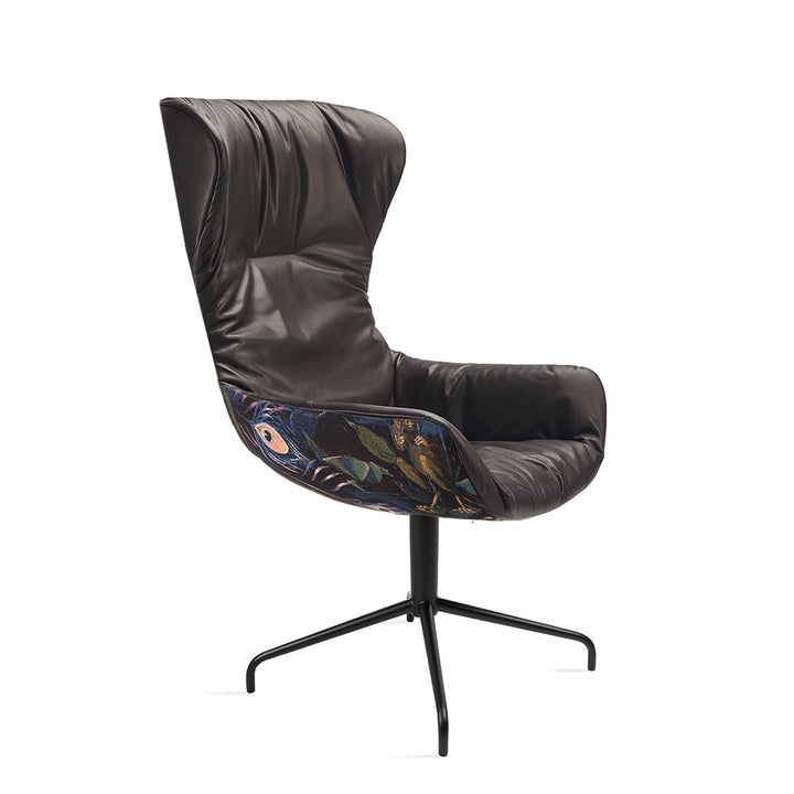 freifrau | leya wingback grand chair | star base | cayenne ebony (black) leather + gobelin oasis