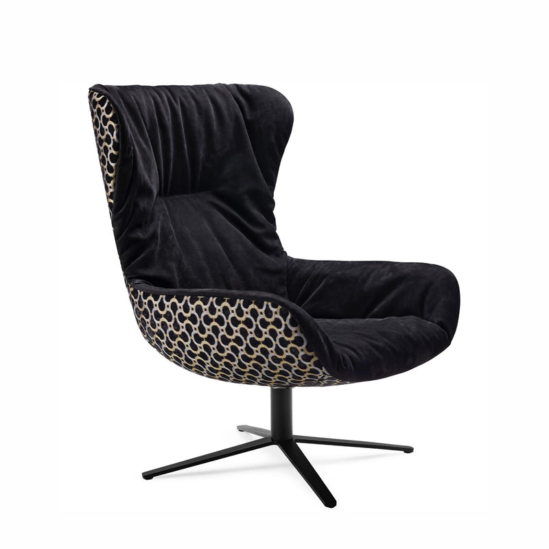 freifrau | leya wingback chair | x-base frame with tilt | cayenne ebony (black) leather + dedar scarabeo