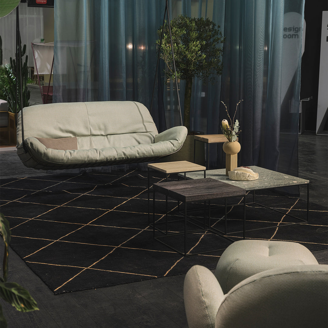 freifrau | leyasol outdoor lounge couch double swing seat | black frame | lopi charcoal | silver ropes