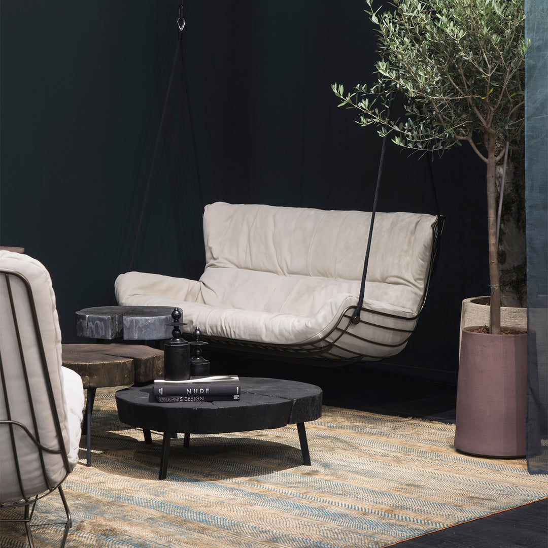 freifrau | leyasol outdoor lounge couch double swing seat | black frame | lopi charcoal | silver ropes