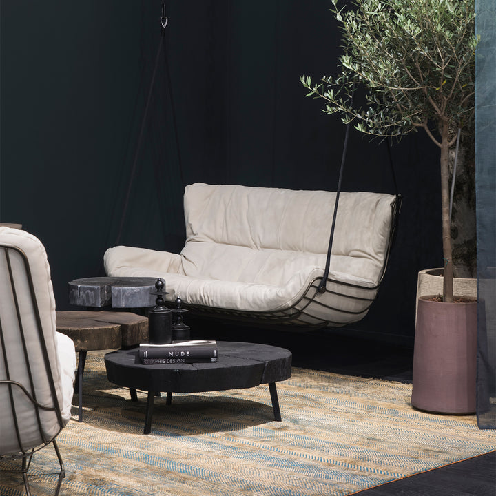 freifrau | leyasol outdoor lounge couch double swing seat | black frame | lopi charcoal | silver ropes