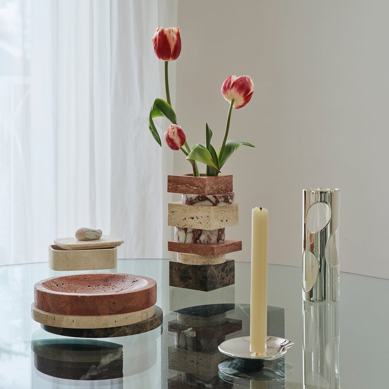 greg natale | pila vase | travertine + rosso + emperador marble