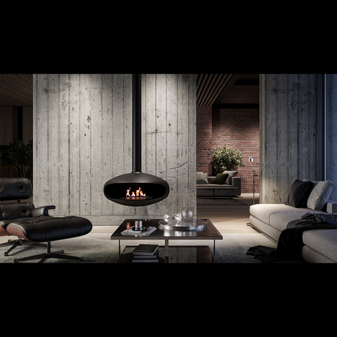 icon fires | the iconic 900 hanging fireplace | matte black