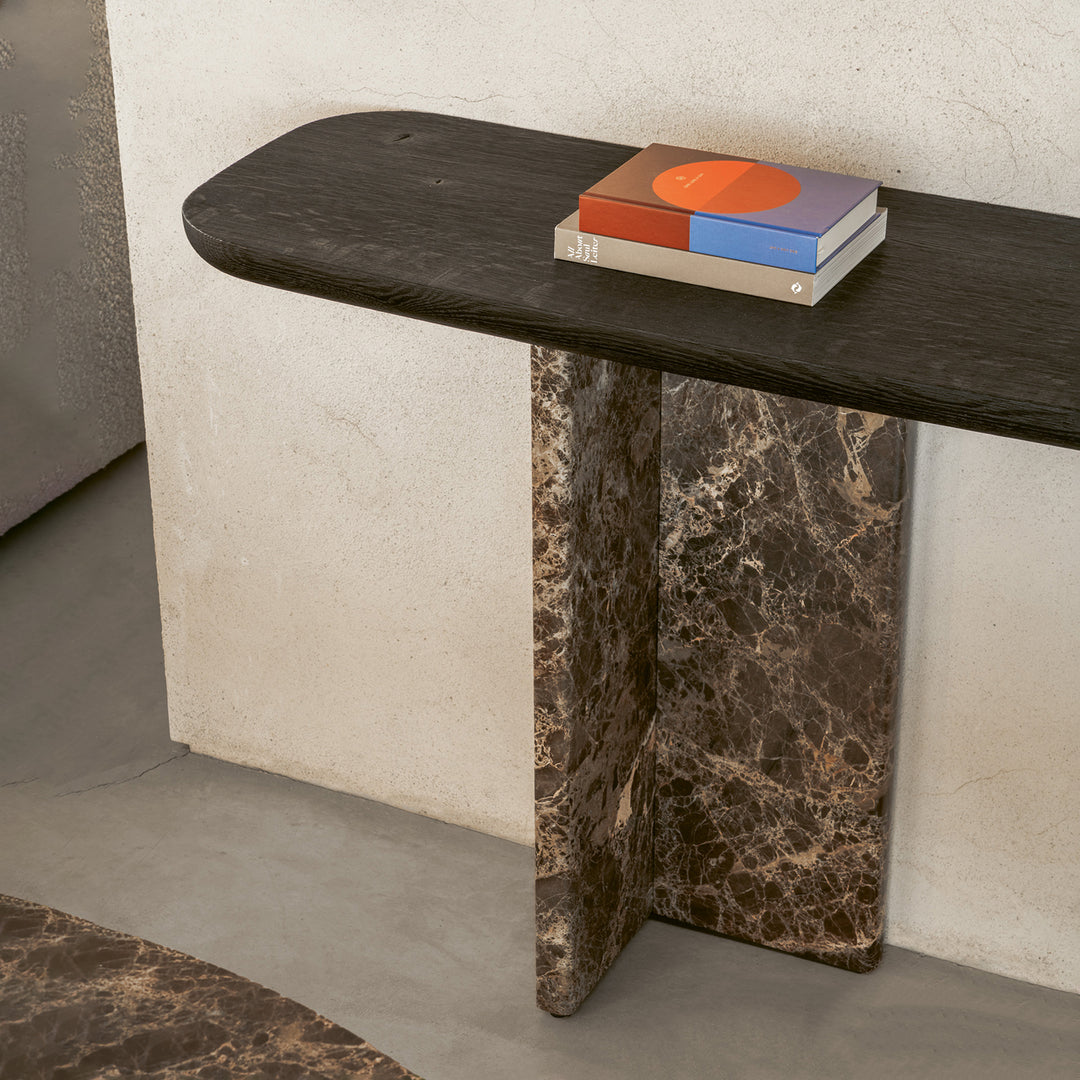 janua | bc 19 t-rox console table oval | american walnut + emperador stone | leg left | 120cm