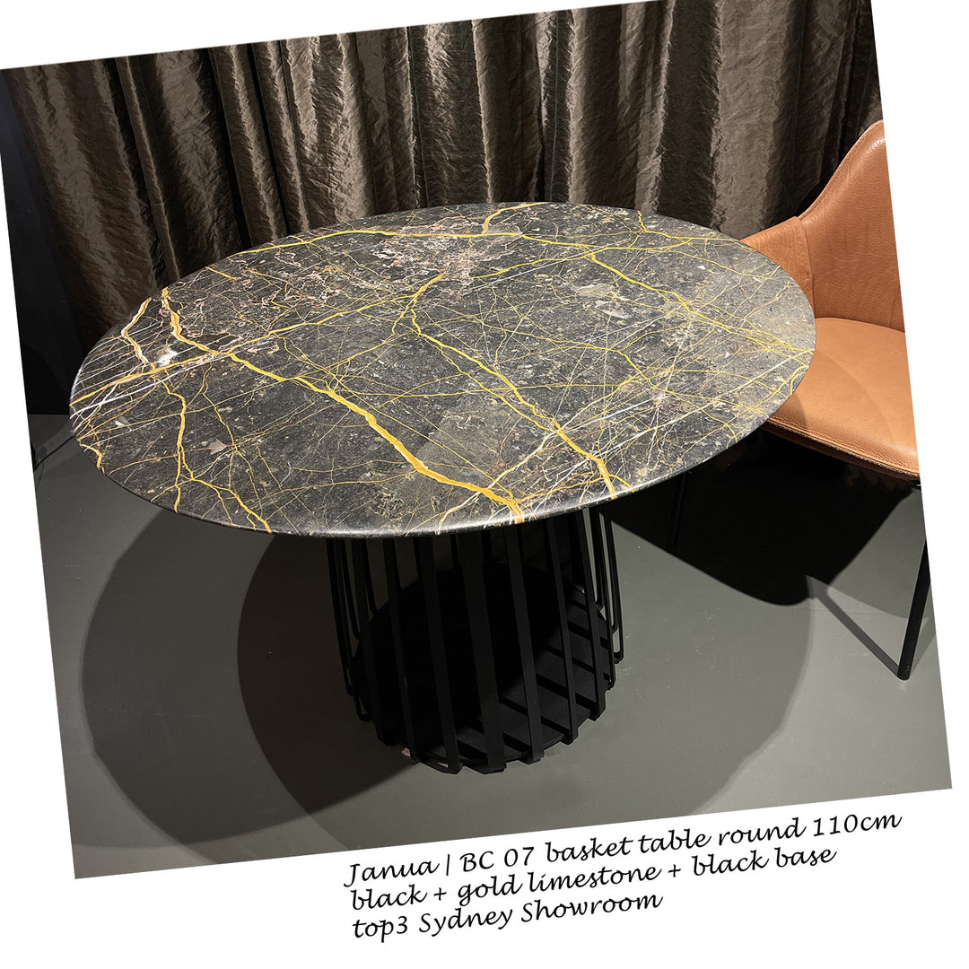 janua | bc 07 basket table round | black and gold limestone + black base 110cm
