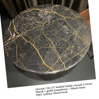 janua | bc 07 basket table round | black and gold limestone + black base 110cm