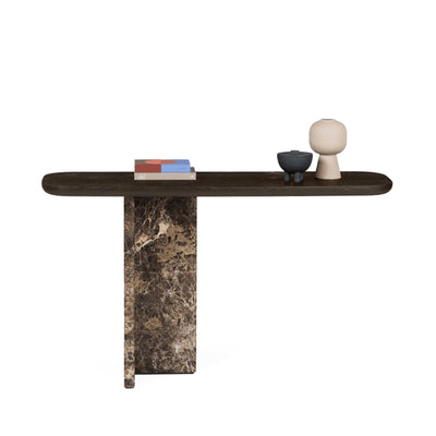 janua | bc 19 t-rox console table oval | american walnut + emperador stone 120cm
