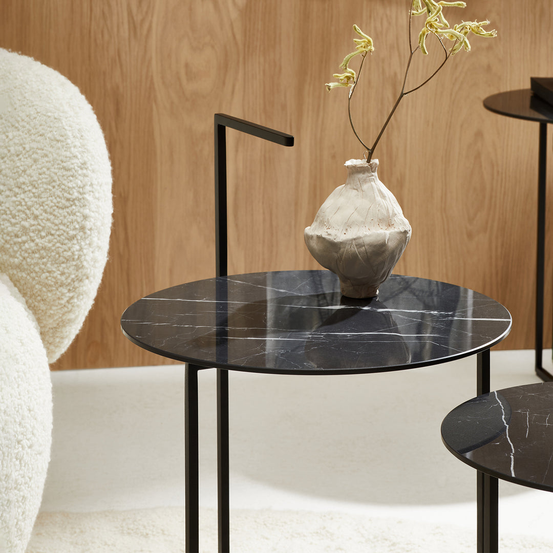 moeller design | CARRY side table | white calacatta ceramic + gold frame