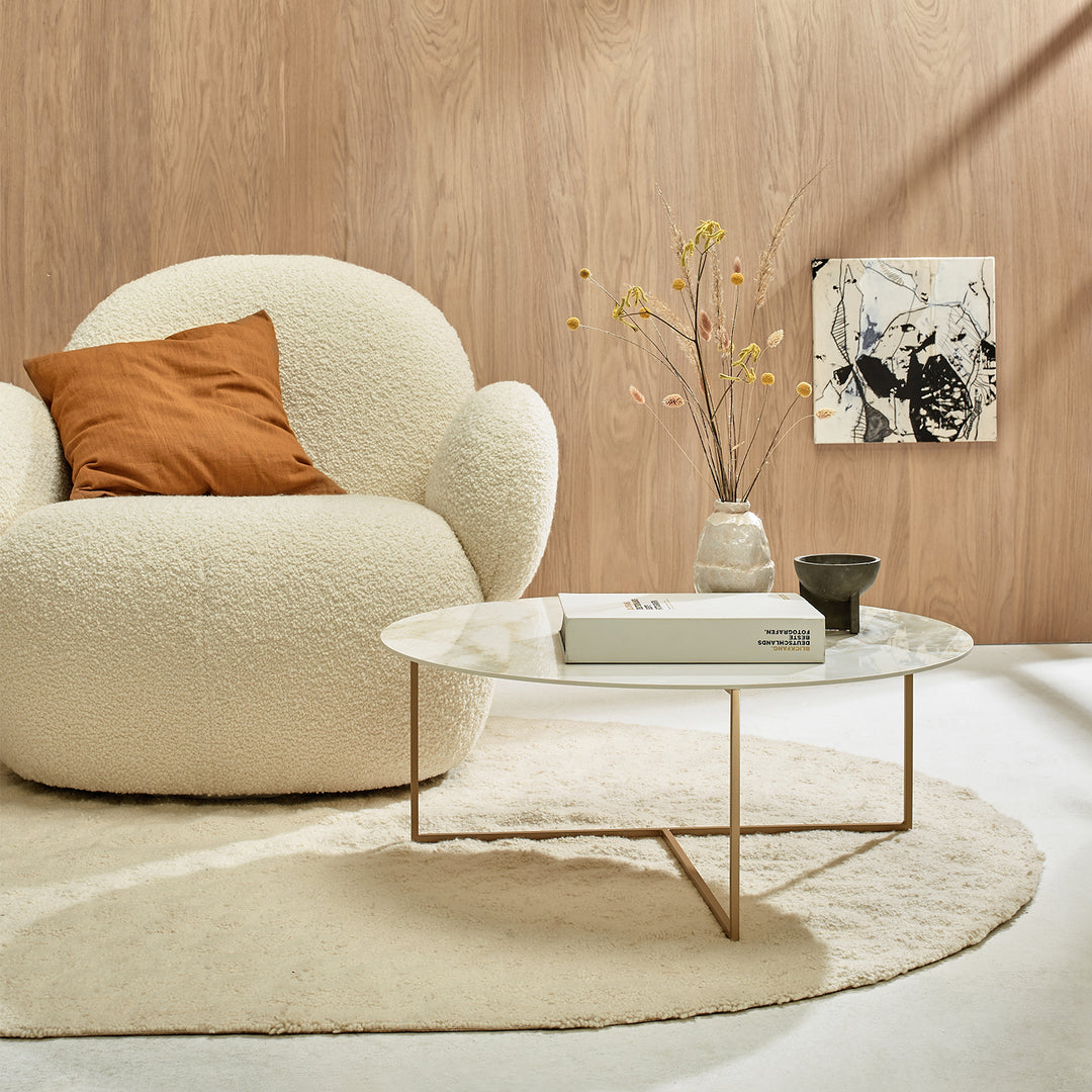 moeller design | CARRY coffee table | white calacatta ceramic + gold frame