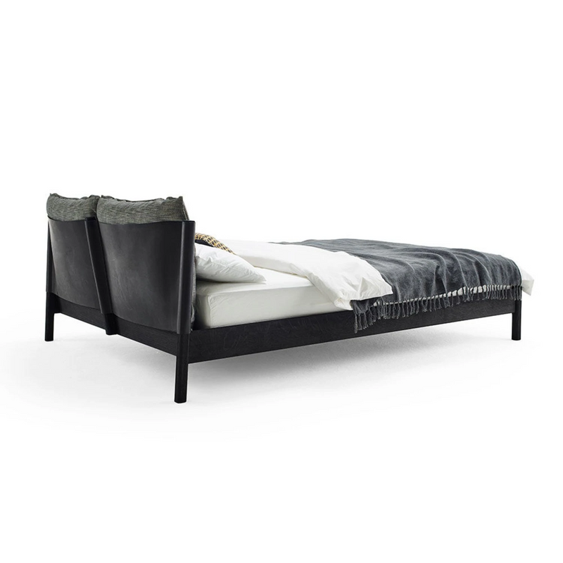 moeller design | liv king bed | stained oak + black leather