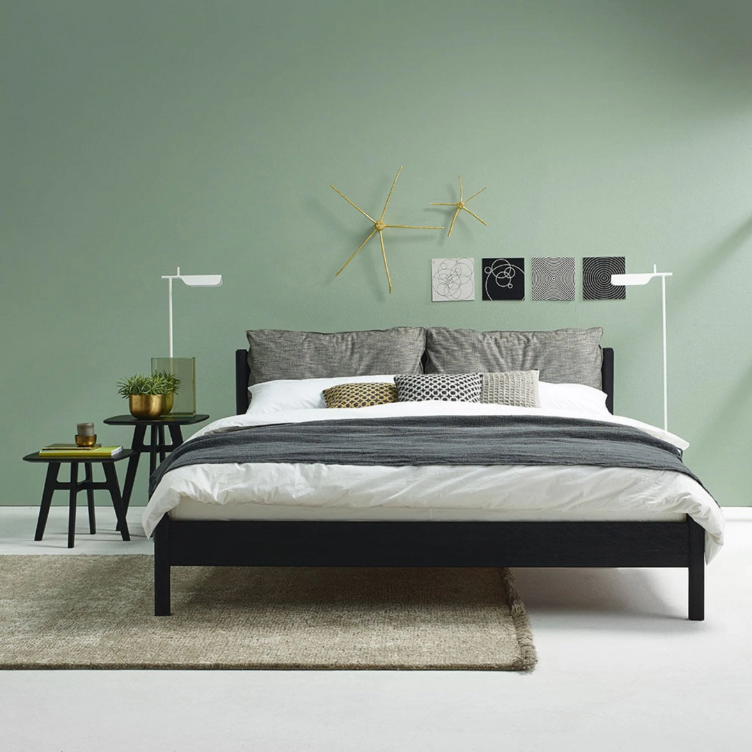 moeller design | LIV king bed | stained oak + black leather