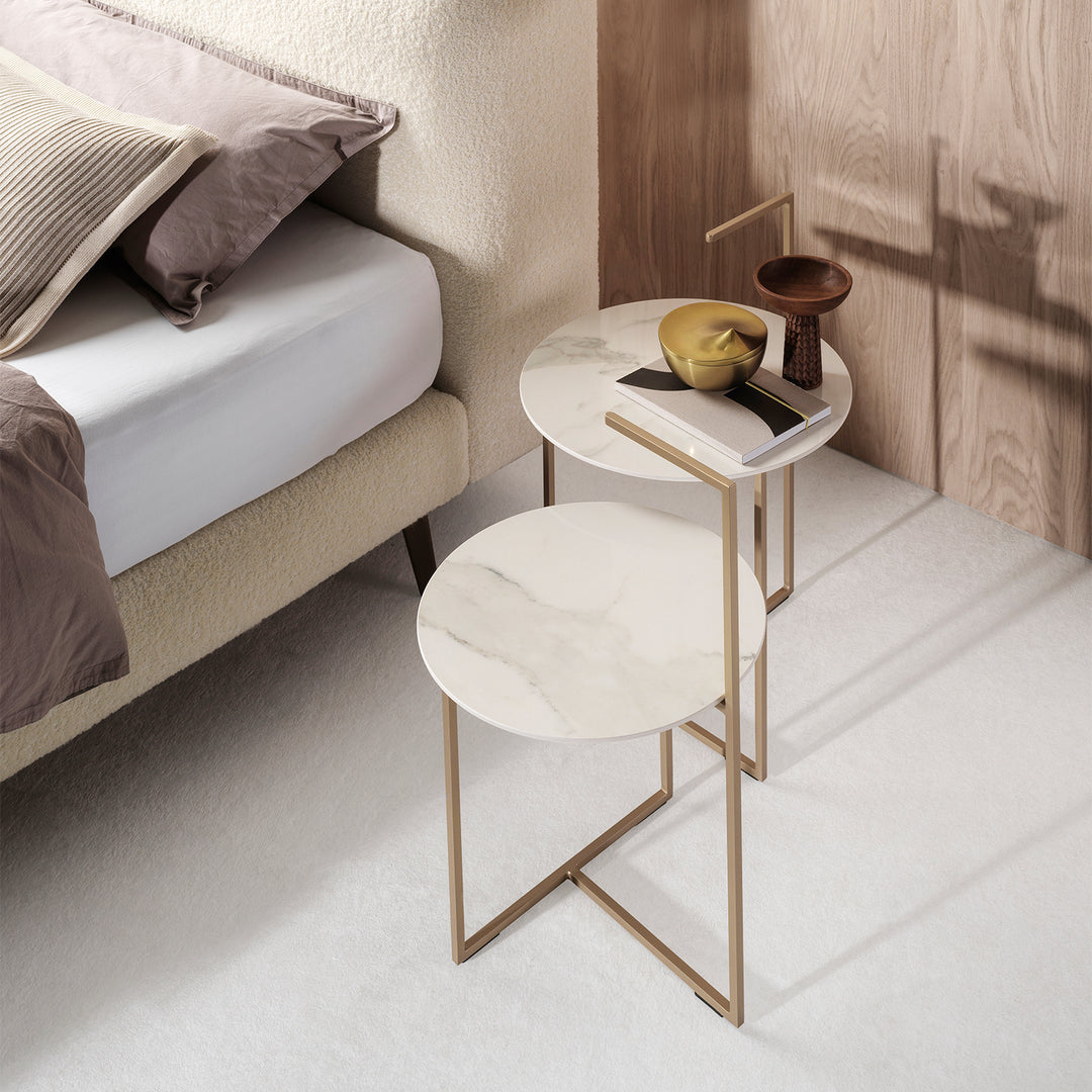 moeller design | CARRY side table | white calacatta ceramic + gold frame