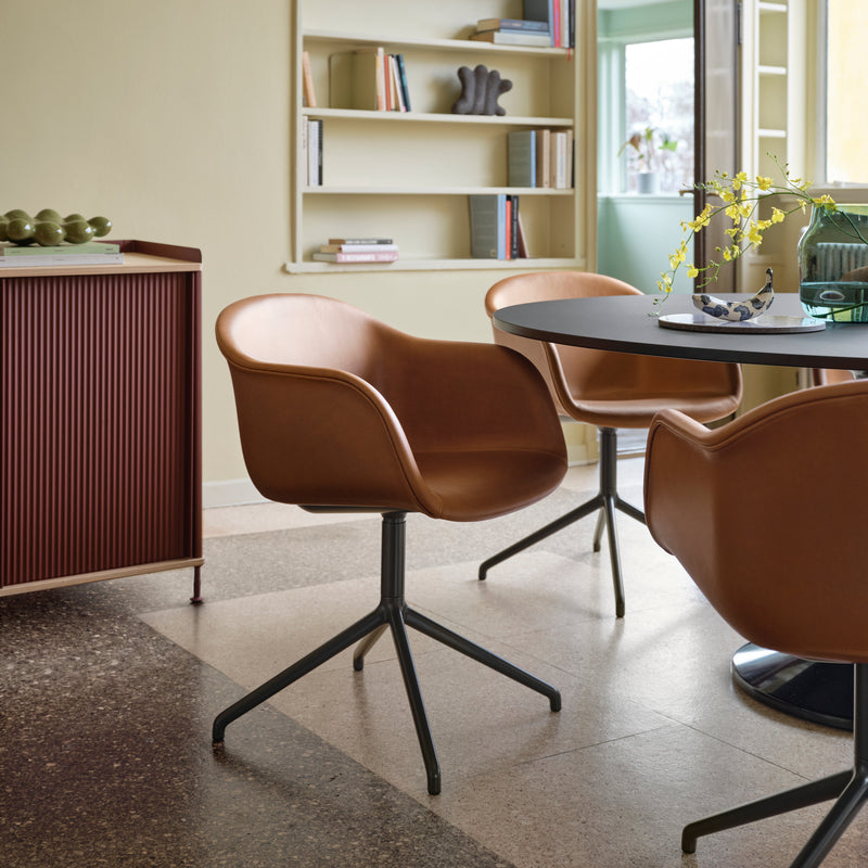 muuto | fiber armchair | swivel base | tan easy leather + anthracite black