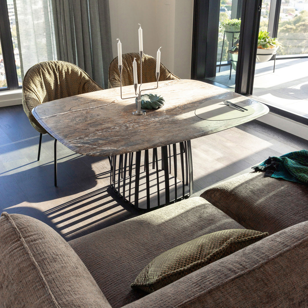 freifrau | low dining | marie armchair | deep black steel frame | nobilis raphael 73 vert kaki