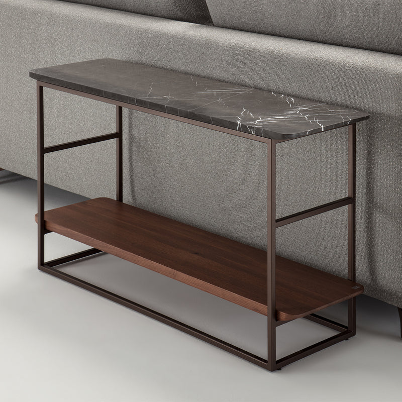 rolf benz | 987 coffee table | stone graphite brown + american walnut + marrone metallic frame