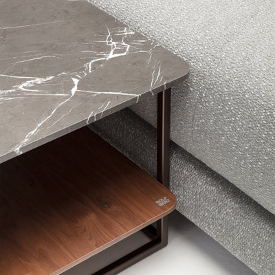 rolf benz | 987 coffee table | stone graphite brown + american walnut + marrone metallic frame