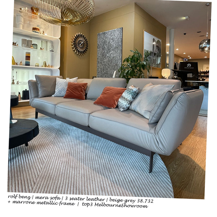 rolf benz | mera sofa | 3 seater leather | beige grey 38.732 + marrone metallic frame