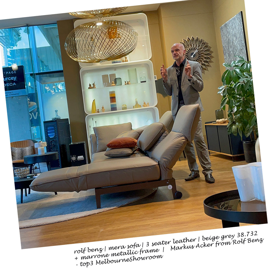 rolf benz | mera sofa | 3 seater leather | beige grey 38.732 + marrone metallic frame