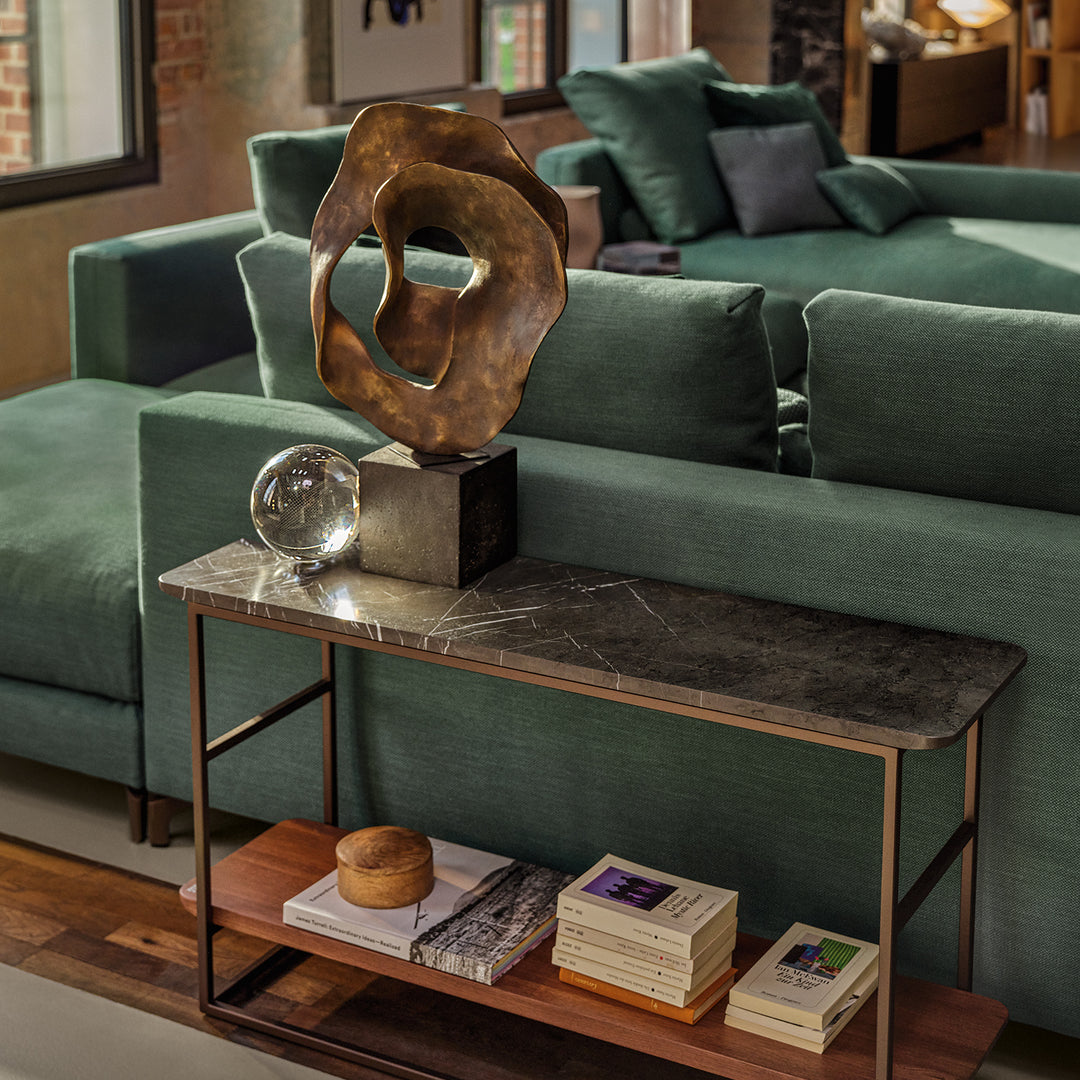 rolf benz | 987 coffee table | stone graphite brown + american walnut + marrone metallic frame