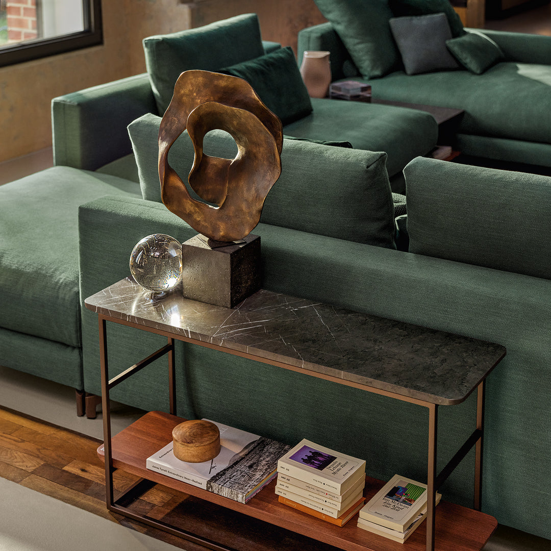 rolf benz | 987 coffee table | stone graphite brown + american walnut + marrone metallic frame