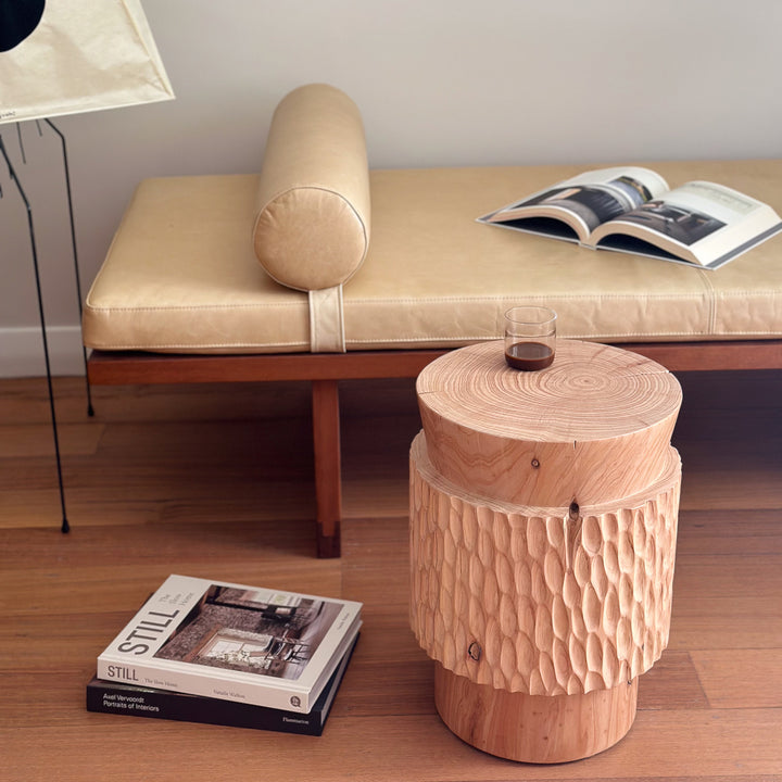 studio nikco | wooden stool / side table | cone top no.2 carved - cypress pine