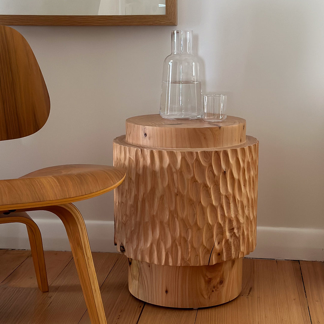 studio nikco | wooden stool / side table | two-step carved