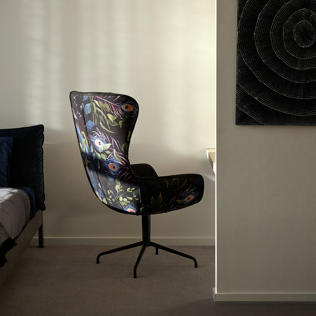 freifrau | leya grand wingback chair | star base | cayenne ebony (black) leather + gobelin oasis