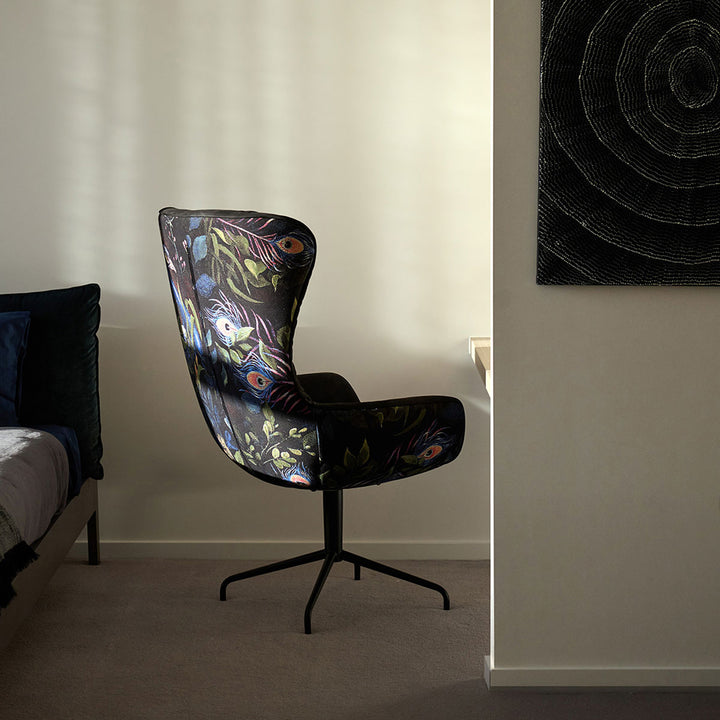 freifrau | leya grand wingback chair | star base | cayenne ebony (black) leather + gobelin oasis