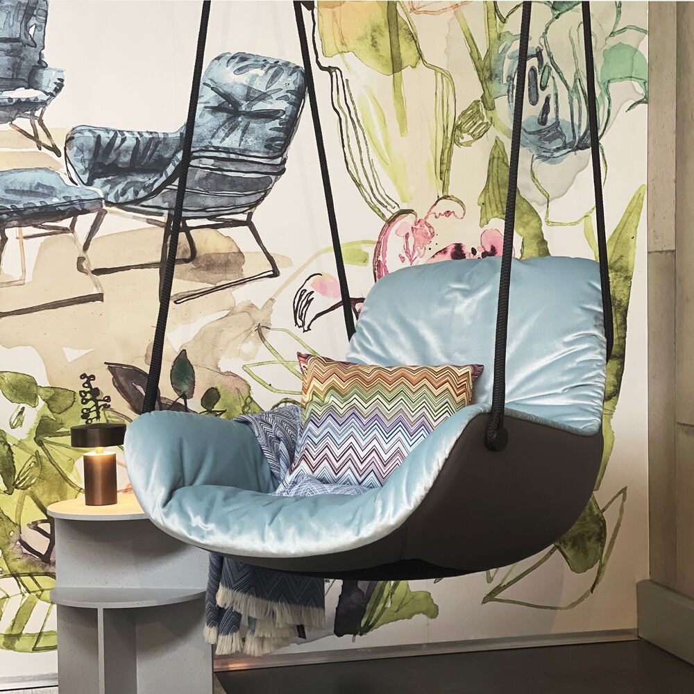 freifrau | leya lounge swing seat | avalon 0045 light blue + sahara plaza leather - EX DISPLAY