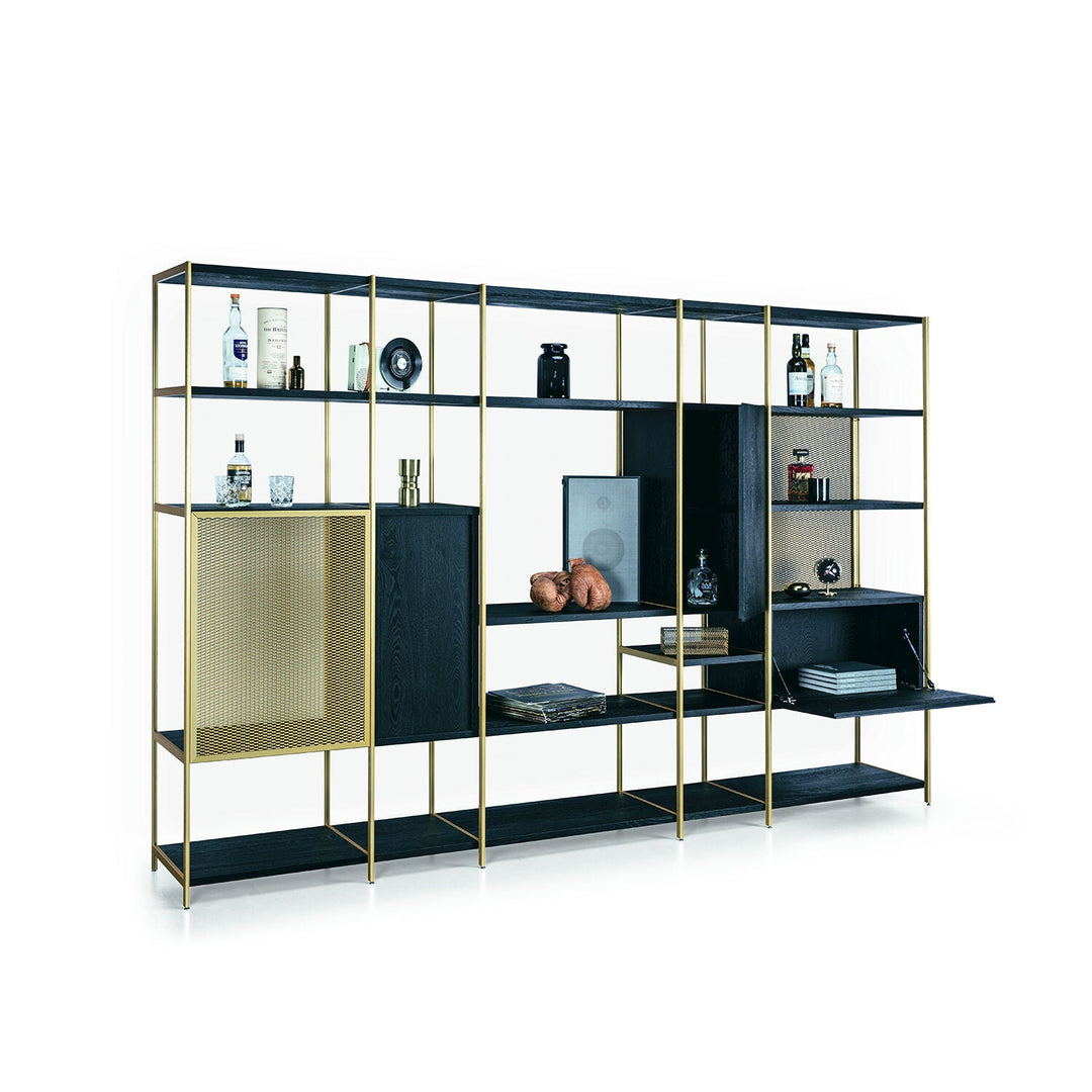 janua | bc 06 room 68 shelving system | 5x5 grid black + brass