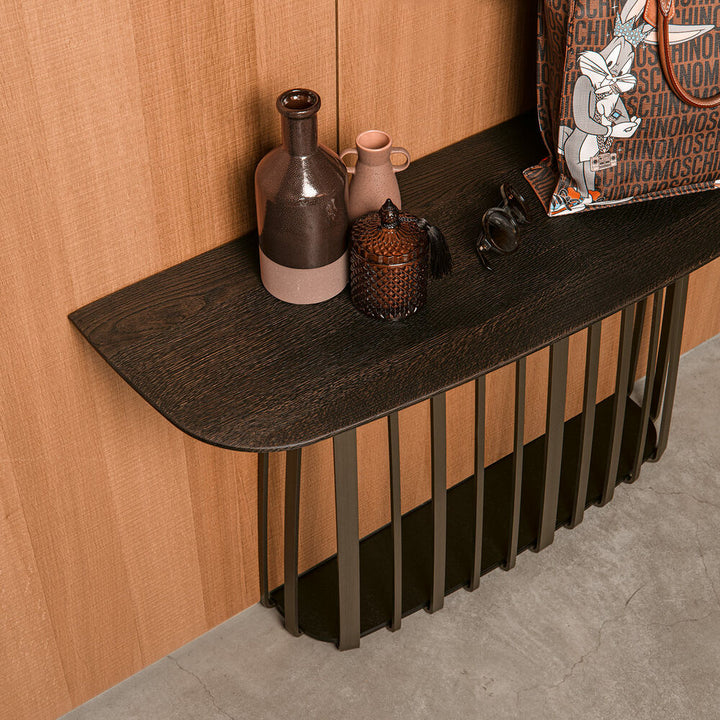 janua | bc 10 basket console table | smoked oak + brass base