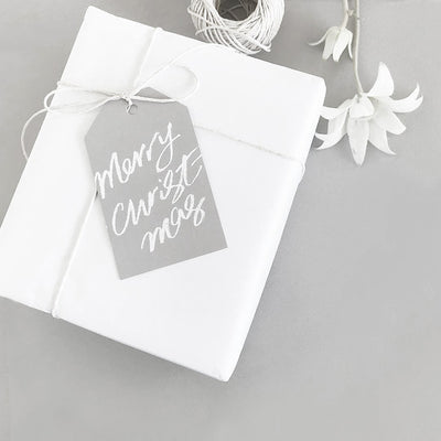 galina dixon | gift tag | merry christmas grey + white text