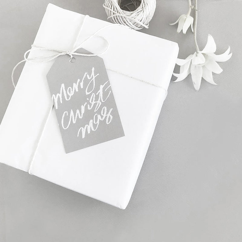 galina dixon | gift tag | merry christmas grey + white text