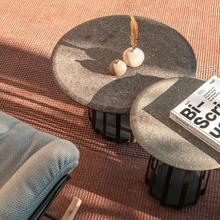 janua | bc 09 basket outdoor coffee table | travertine titanium stone + black base
