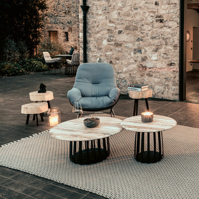 janua | bc 09 basket outdoor coffee table | travertine titanium stone + black base