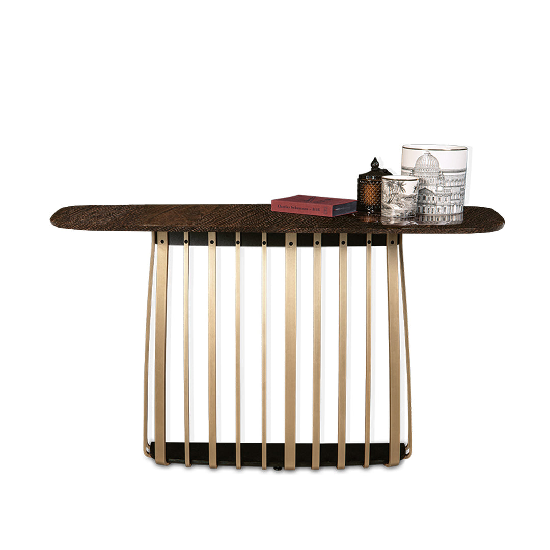 janua | bc 10 basket console table | smoked oak + brass base