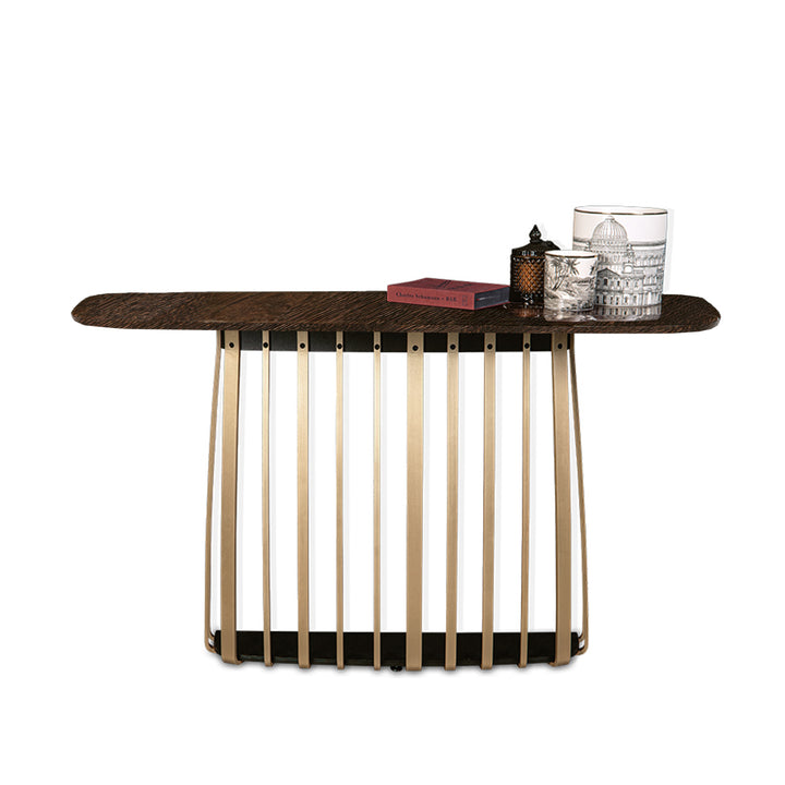 janua | bc 10 basket console table | smoked oak + brass base